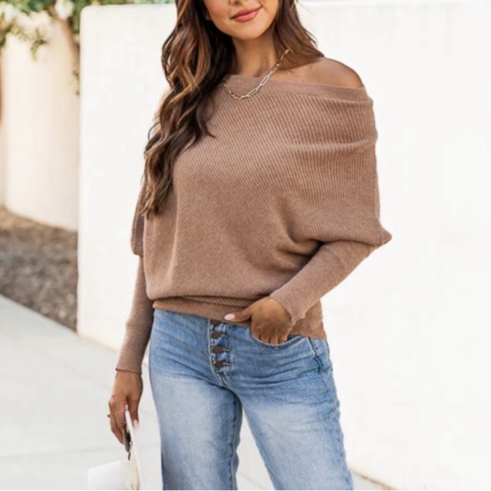 Pink Lily Off-the-Shoulder Knit Sweater in Camel